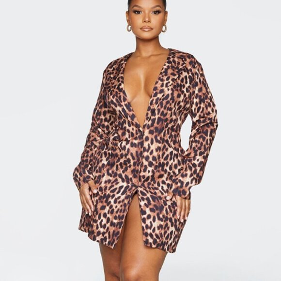 PrettyLittleThing Plus Brown Satin Leopard Print Oversized Blazer Dress 2x 20 - Picture 1 of 11